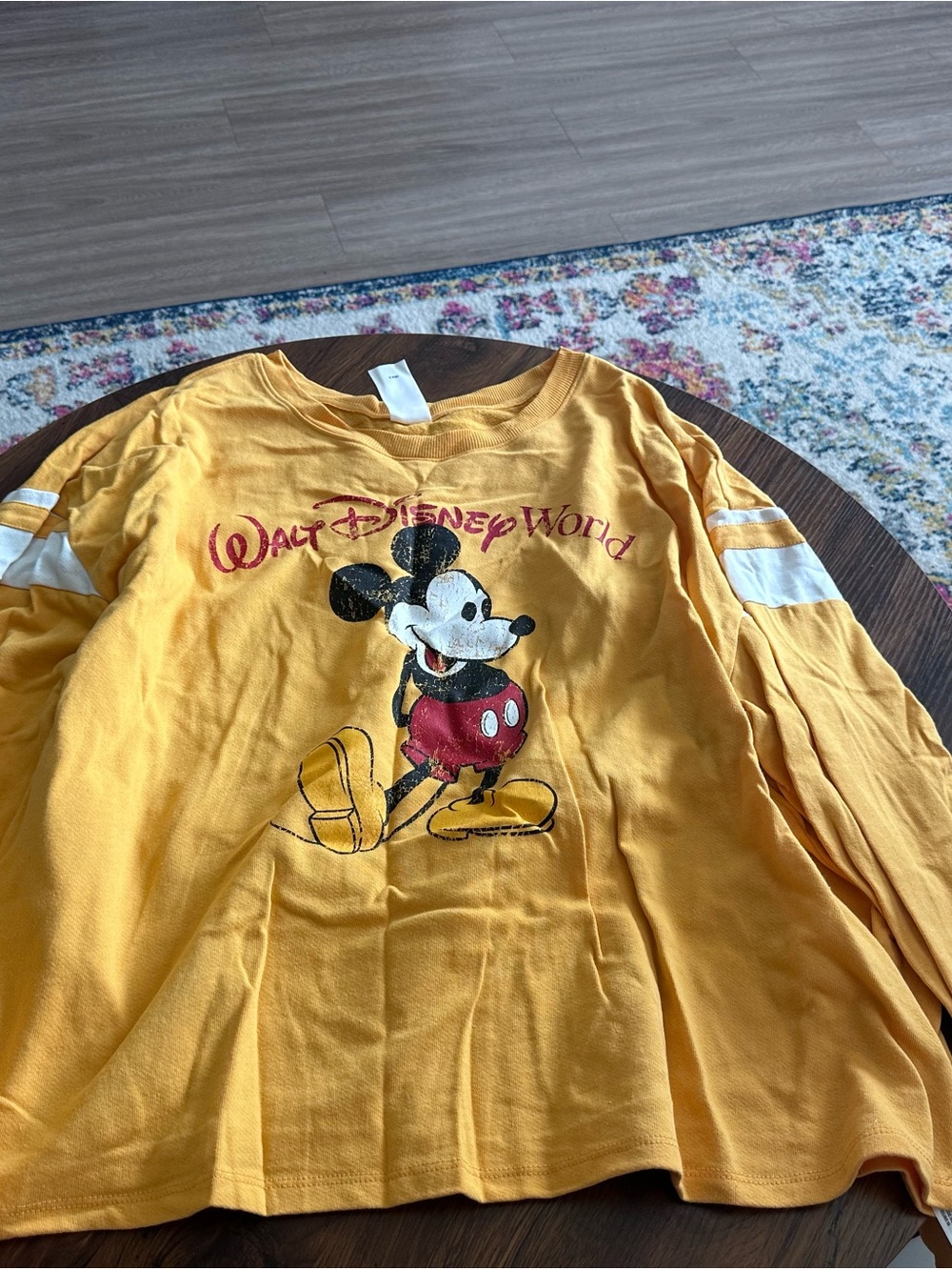 Disney Yellow Mickey Graphic Long Sleeve Tee with White Sleeve Stripes